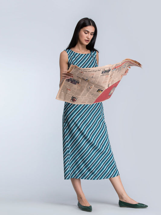 Striped Buttoned Midi Dress - Blue and Green