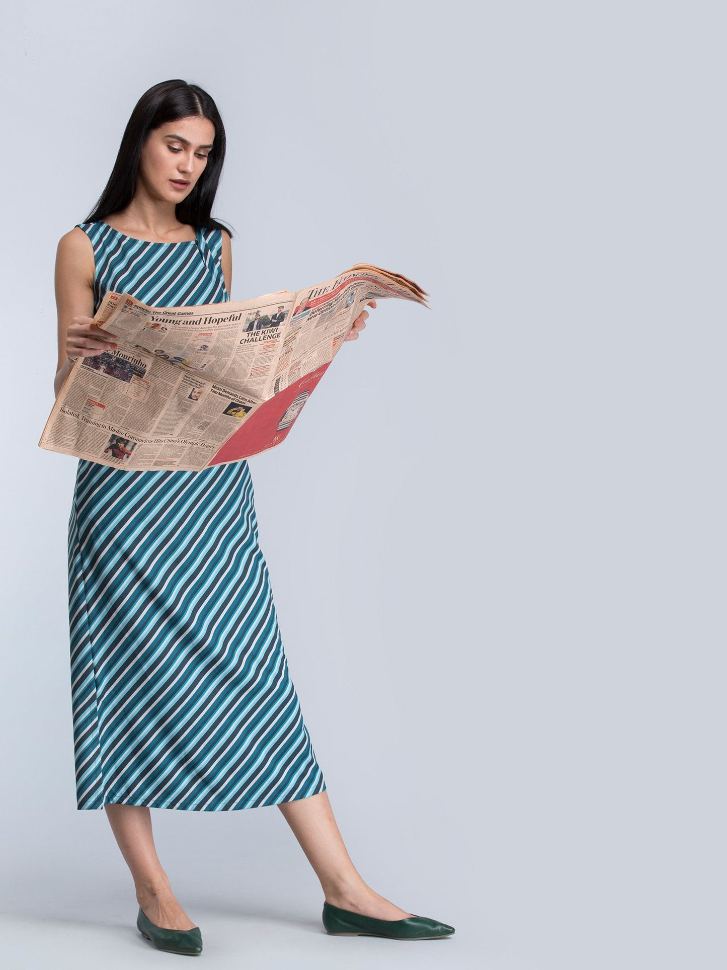 Striped Buttoned Midi Dress - Blue and Green