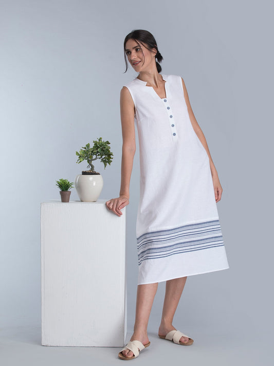 Striped Linen Midi Dress - White and Blue