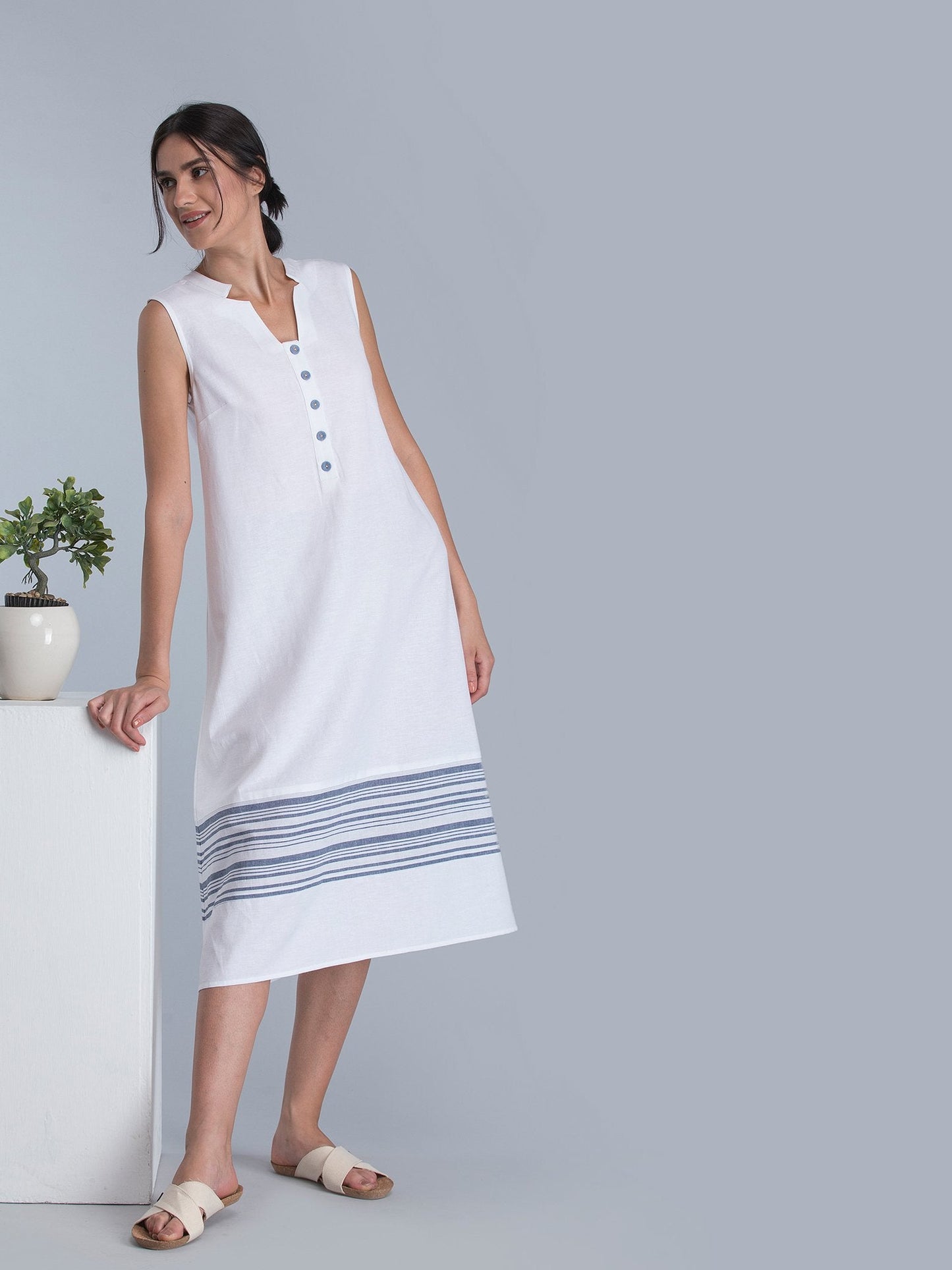 Striped Linen Midi Dress - White and Blue