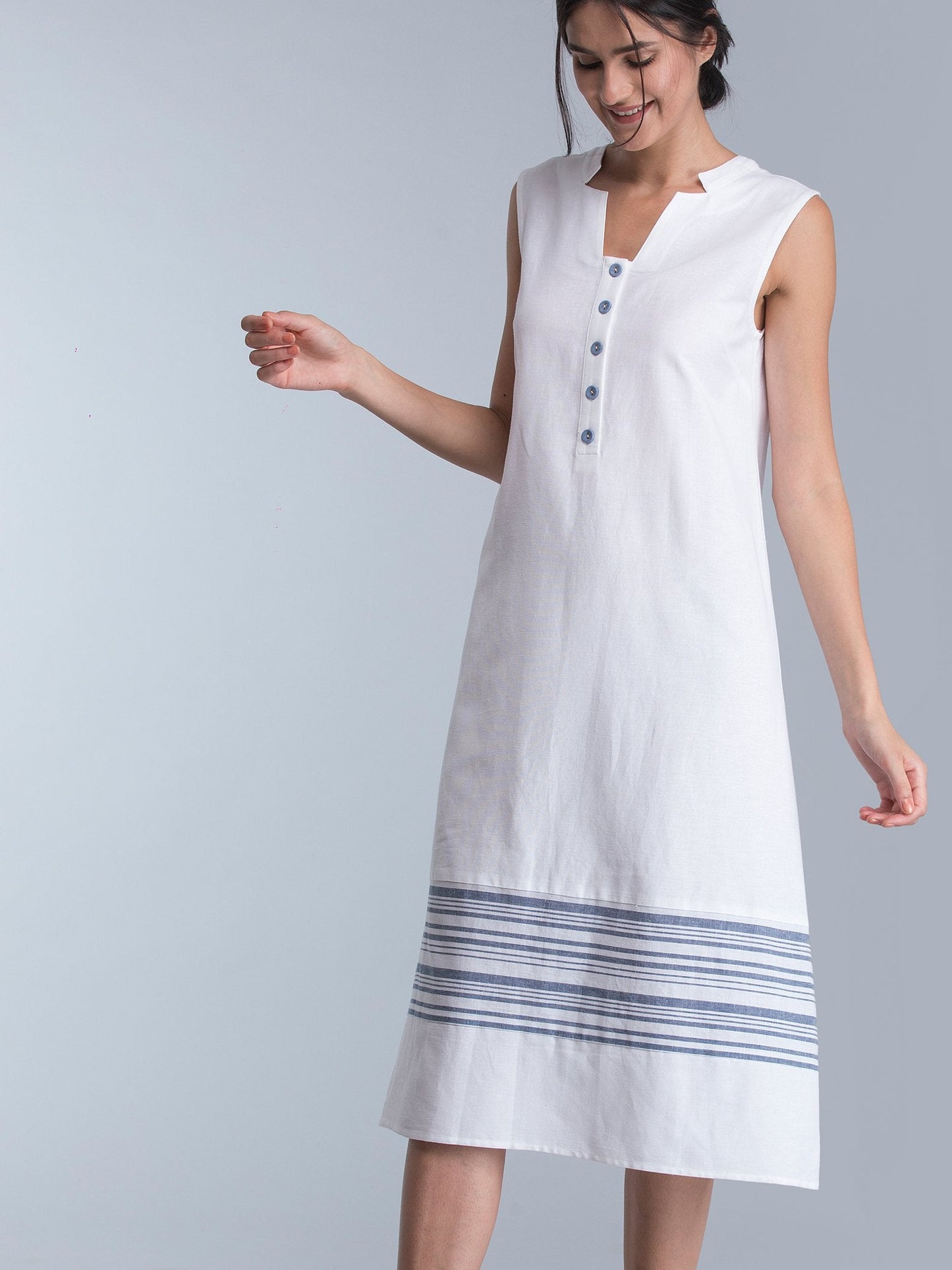 Striped Linen Midi Dress - White and Blue