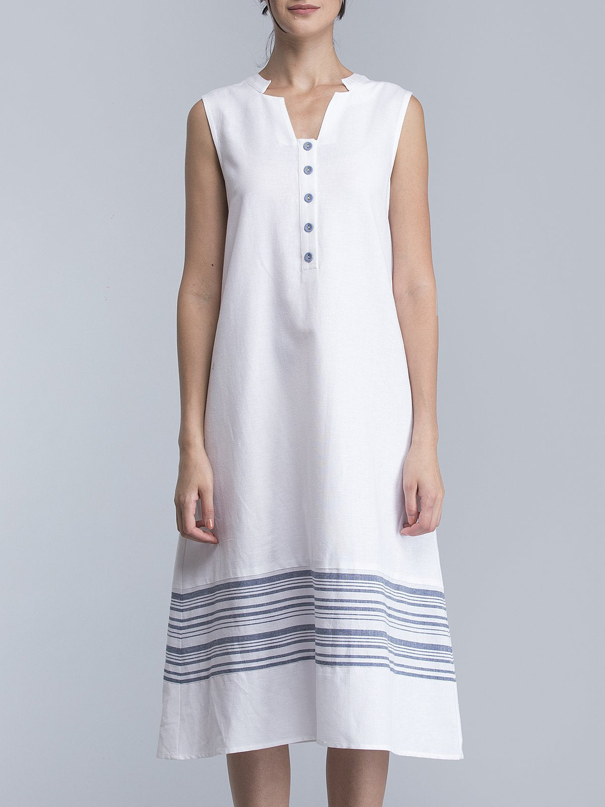 Striped Linen Midi Dress - White and Blue