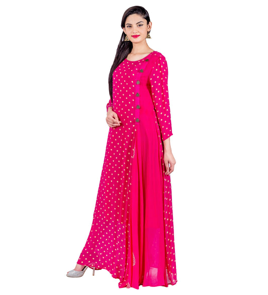 Fuchsia Hand Block Printed Indo Western Dress with Front Side Buttons