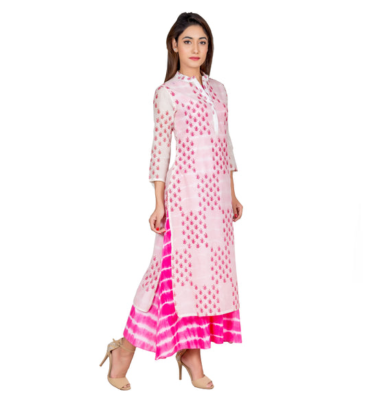 Pink and White Tie Dye Hand Block Printed Chanderi Indo Western Dress