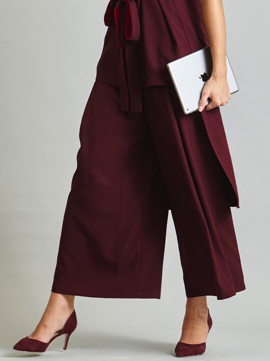 Back Overlay Pleated Wide Leg Culottes - Maroon