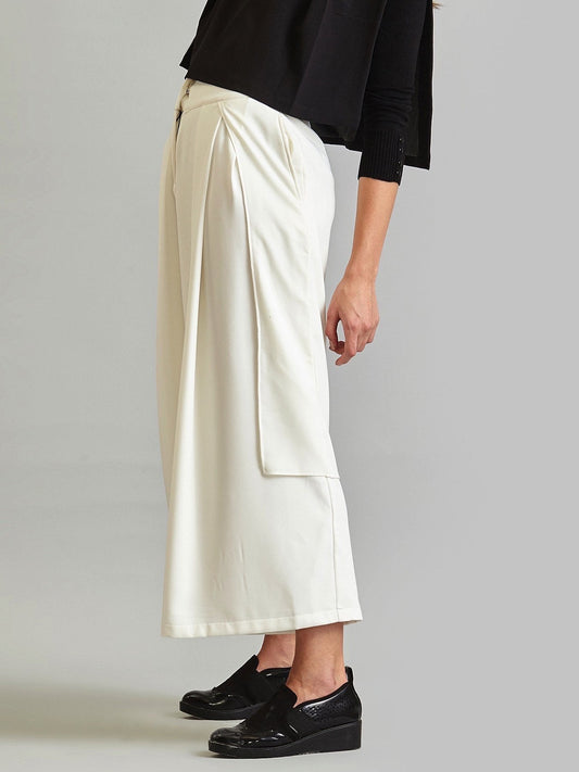 Back Overlay Pleated Wide Leg Culottes - Off White