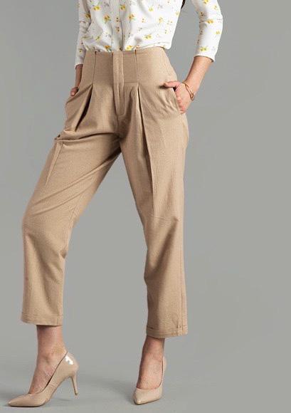 Knife Pleat Straight Turn-up Trousers - Beige