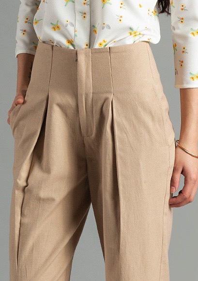 Knife Pleat Straight Turn-up Trousers - Beige