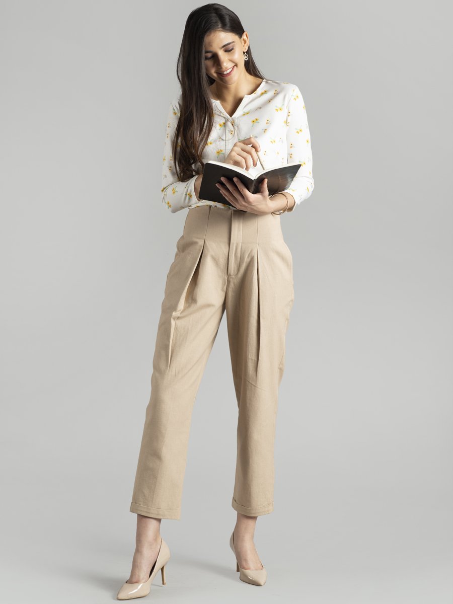Knife Pleat Straight Turn-up Trousers - Beige