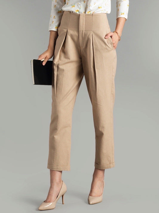 Knife Pleat Straight Turn-up Trousers - Beige