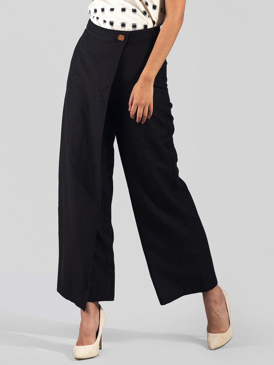Wide Leg Front Overlay Trousers - Black