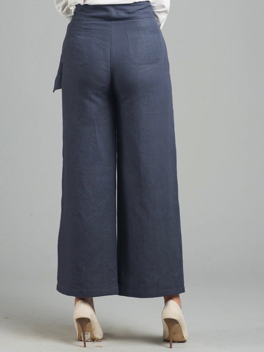 Linen Wide Leg Culottes With Belt - Slate Blue