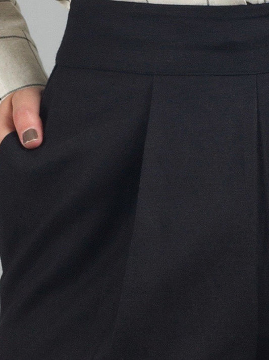 High Waist Side Zipper Turn Up Trousers - Black