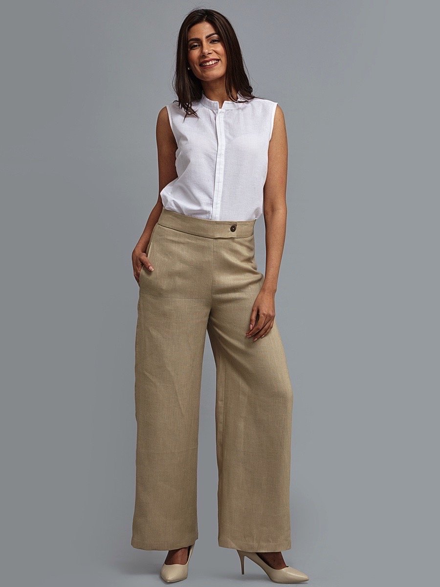 Linen Wide Leg Trousers - Pale Beige