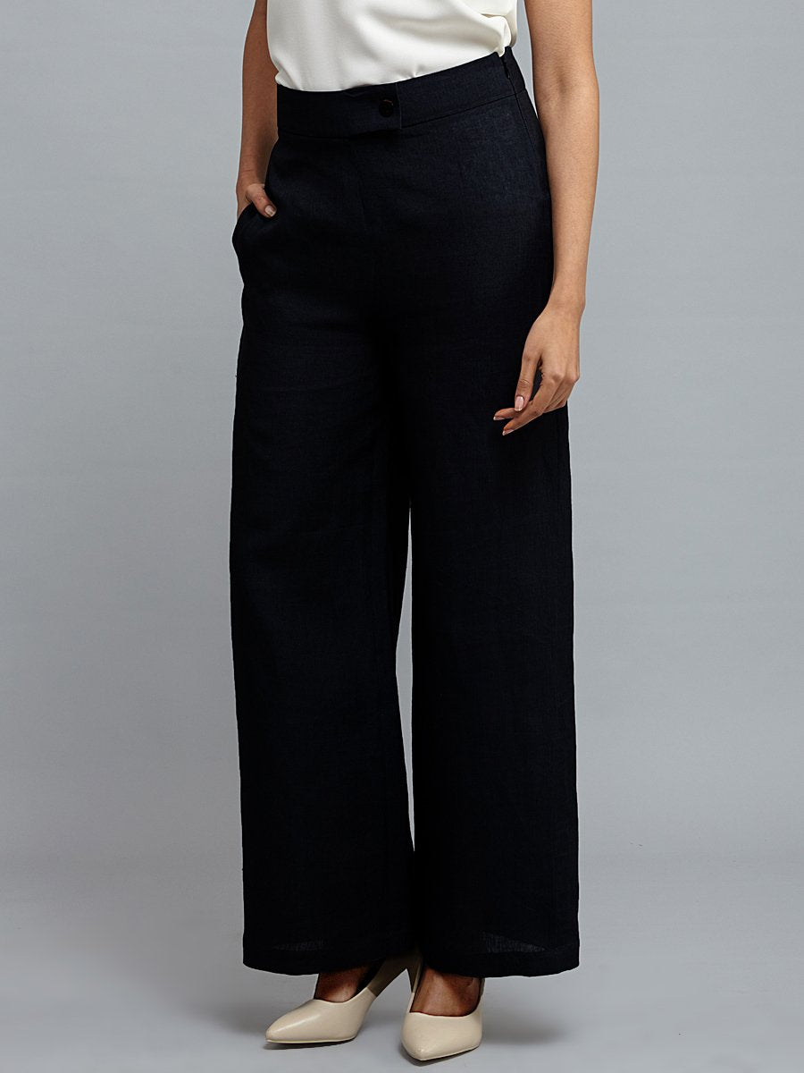 Linen Wide Leg Trousers - Midnight Blue