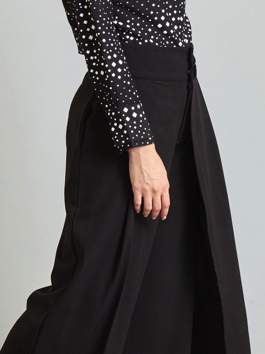 Pleated Wide Leg Asymmetric Back Overlay Trouser - Black