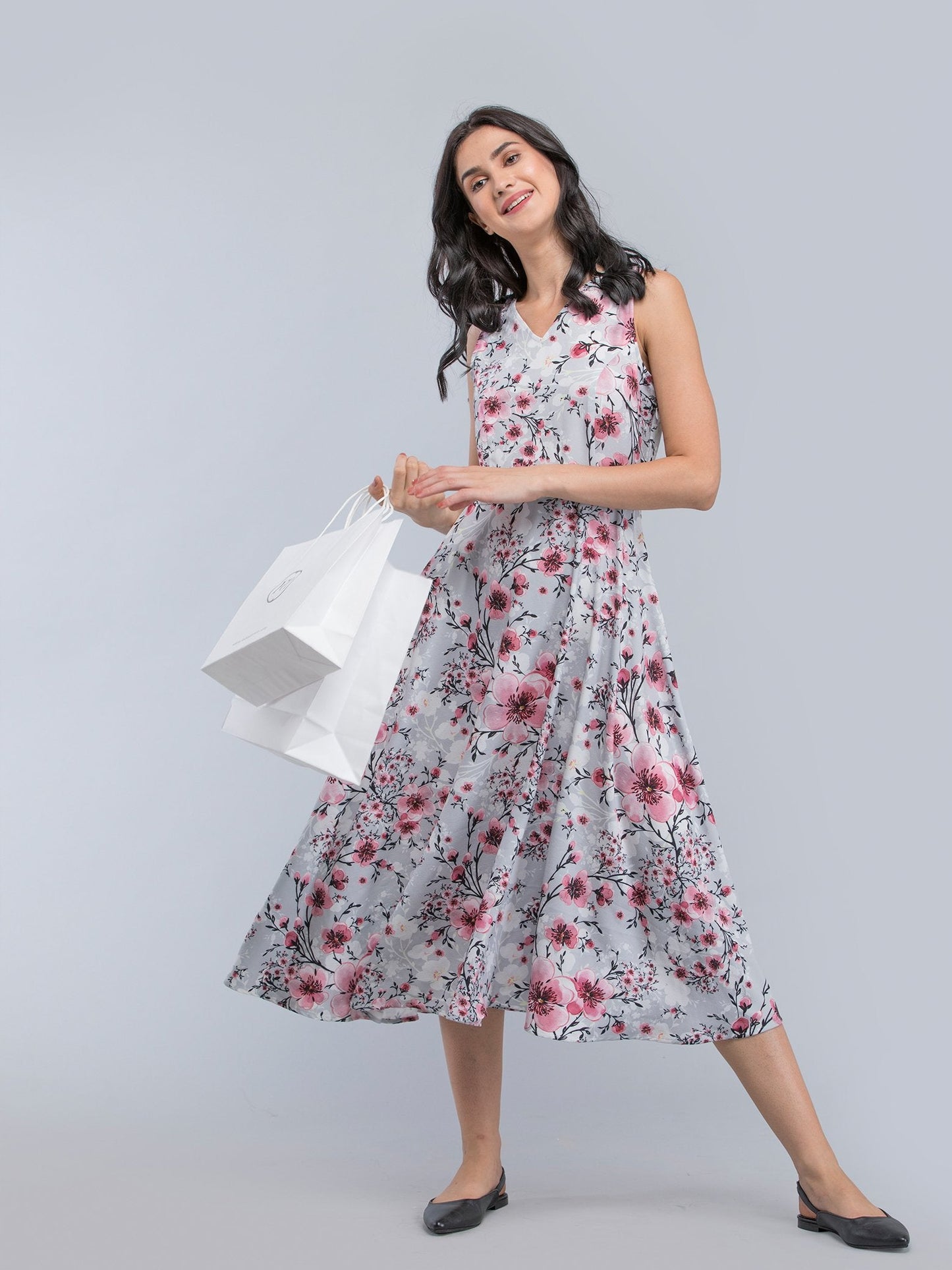 V Neck Floral A Line Dress - Grey