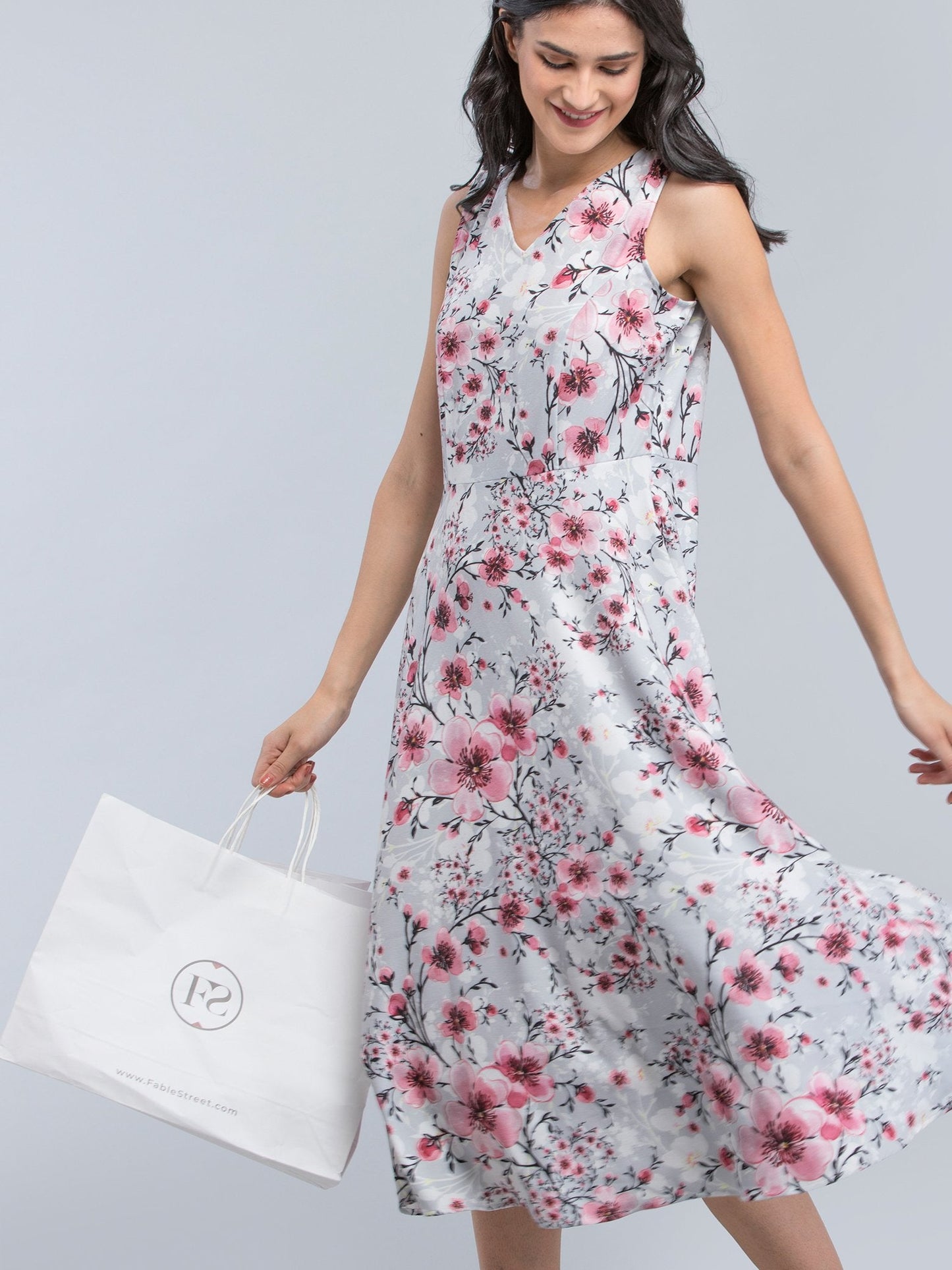 V Neck Floral A Line Dress - Grey
