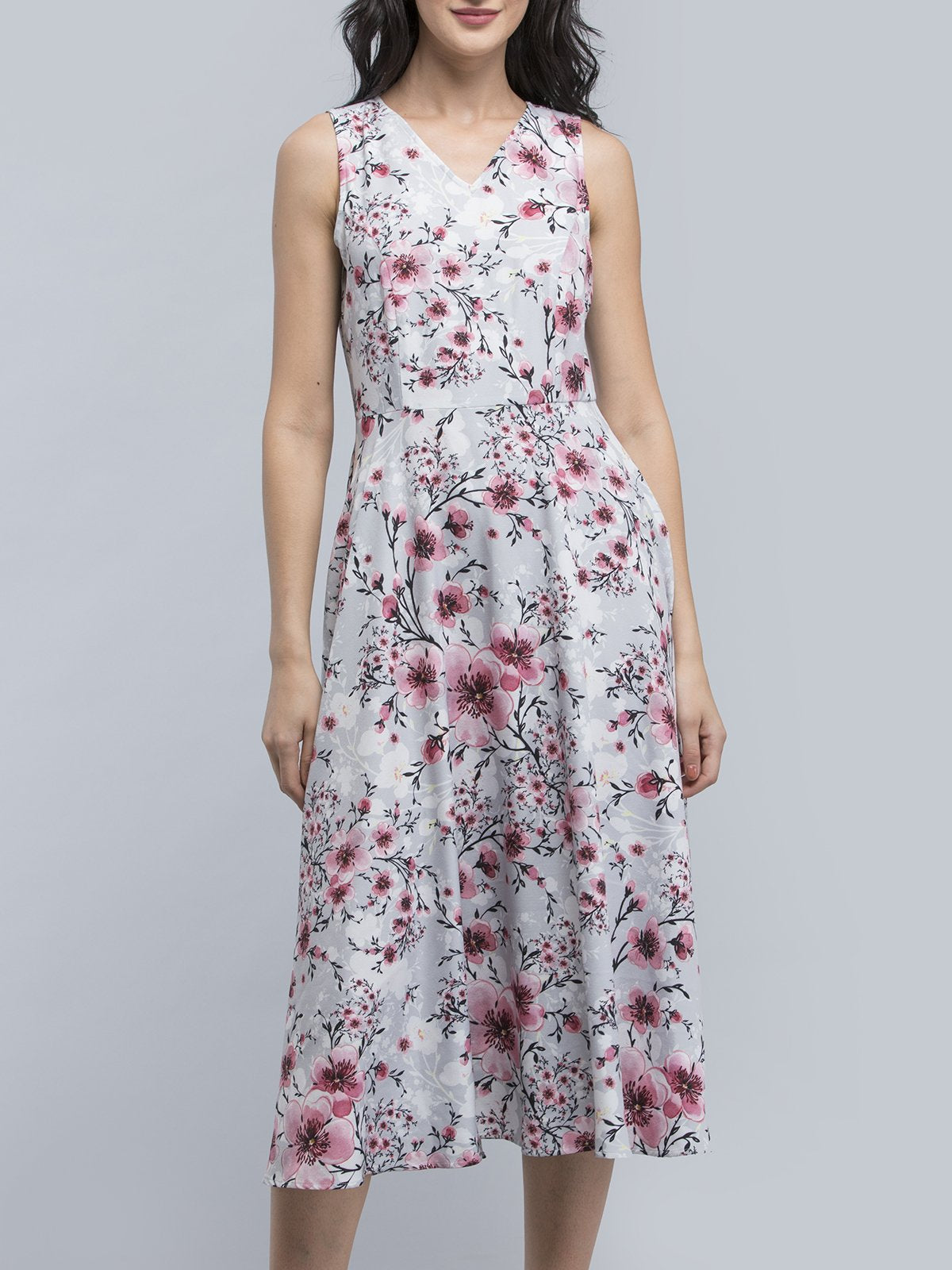 V Neck Floral A Line Dress - Grey