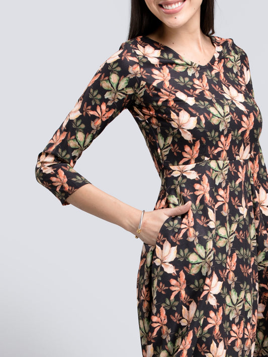 V Neck Floral Fit And Flare Dress - Multicolour