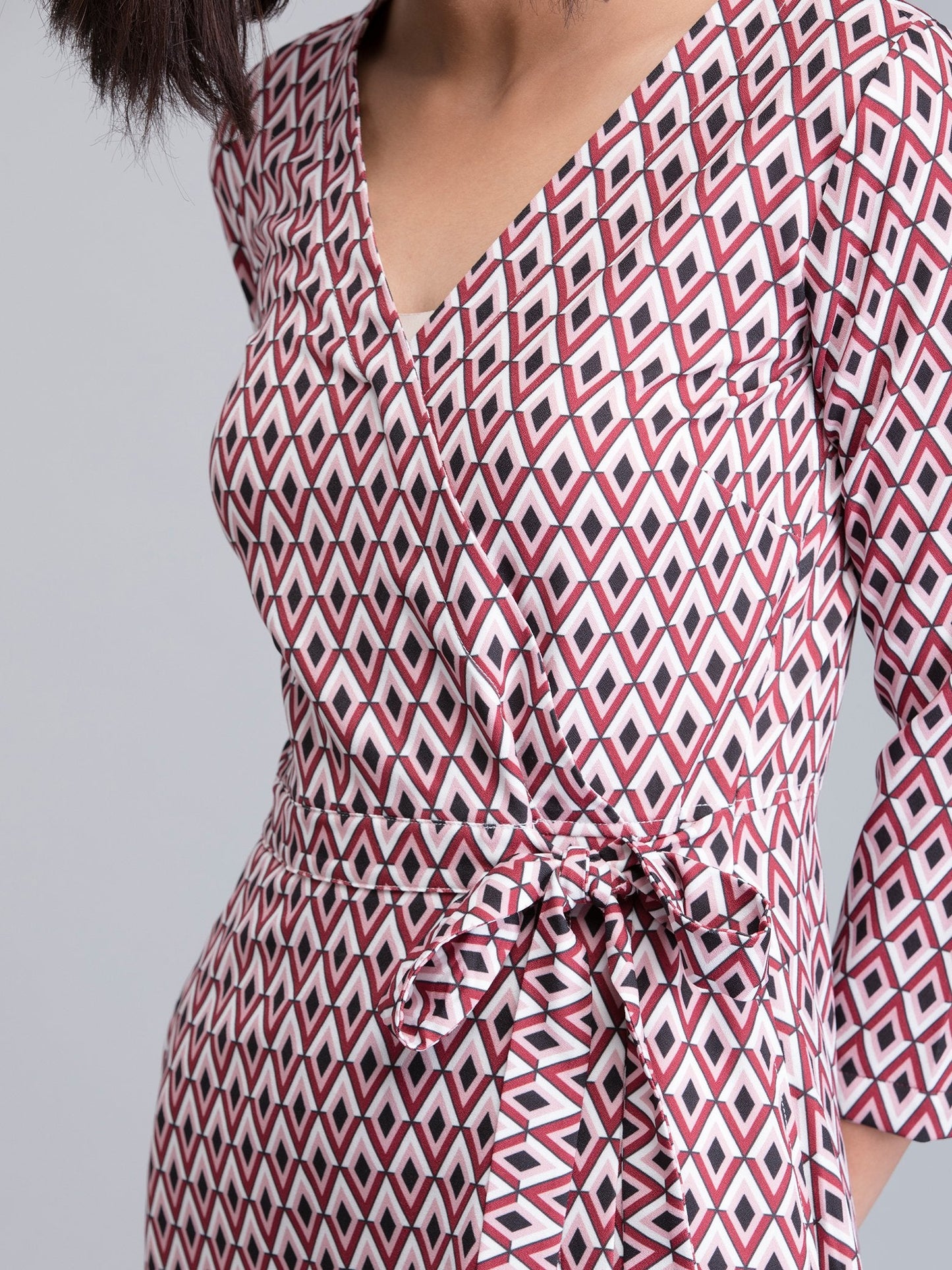 V Neck Geometric Print Wrap Dress - Red