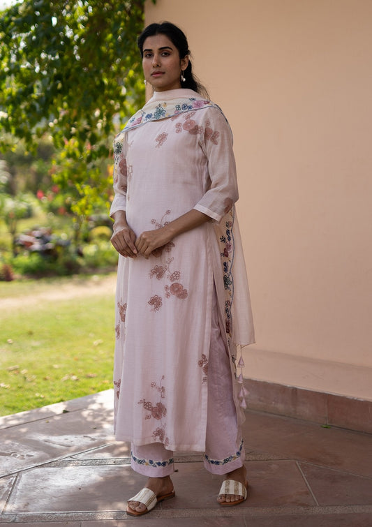 Apricot Floral Embroidered Kurta Set