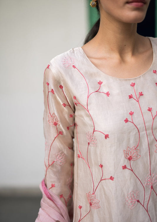 Metallic Tissue Aari Work Kurta Set