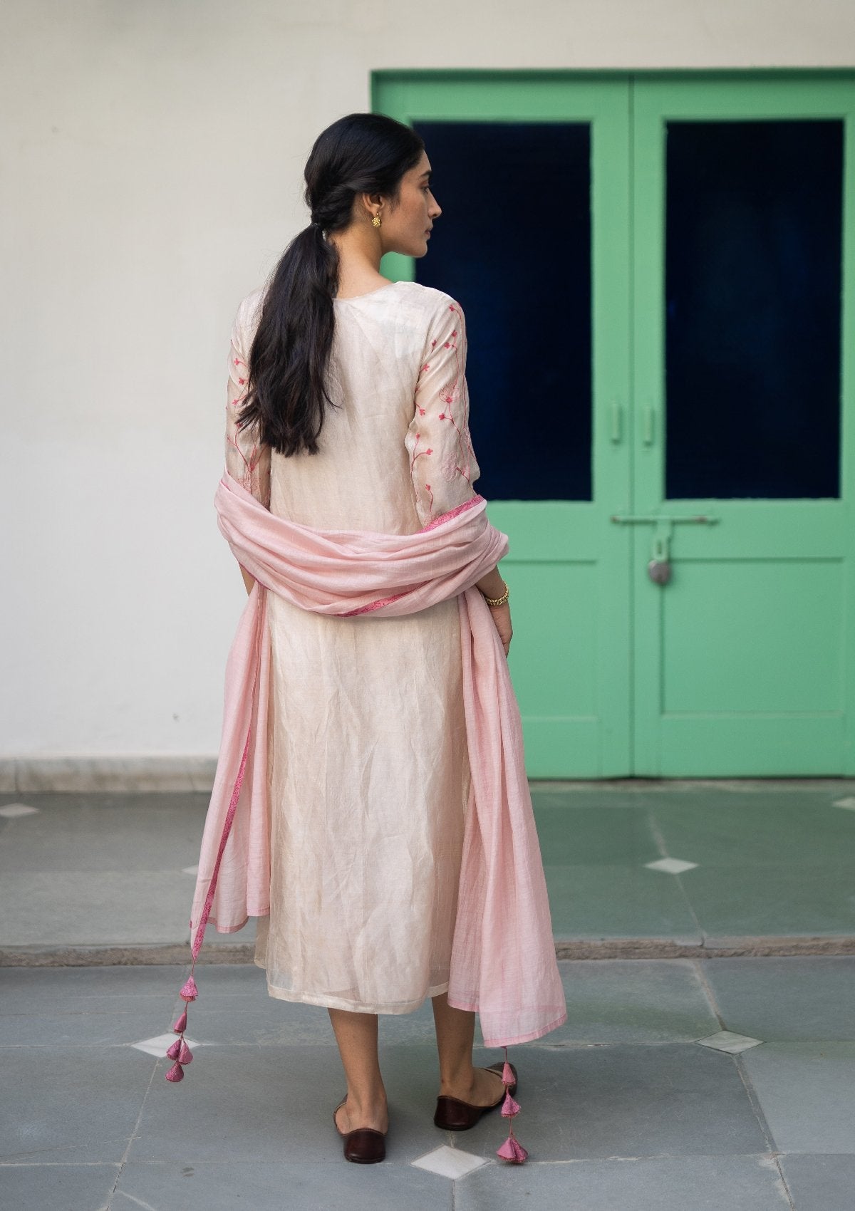 Metallic Tissue Aari Work Kurta Set