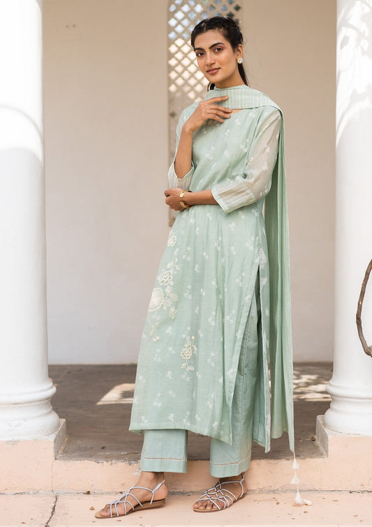 Mint Printed Embroidered Kurta Set