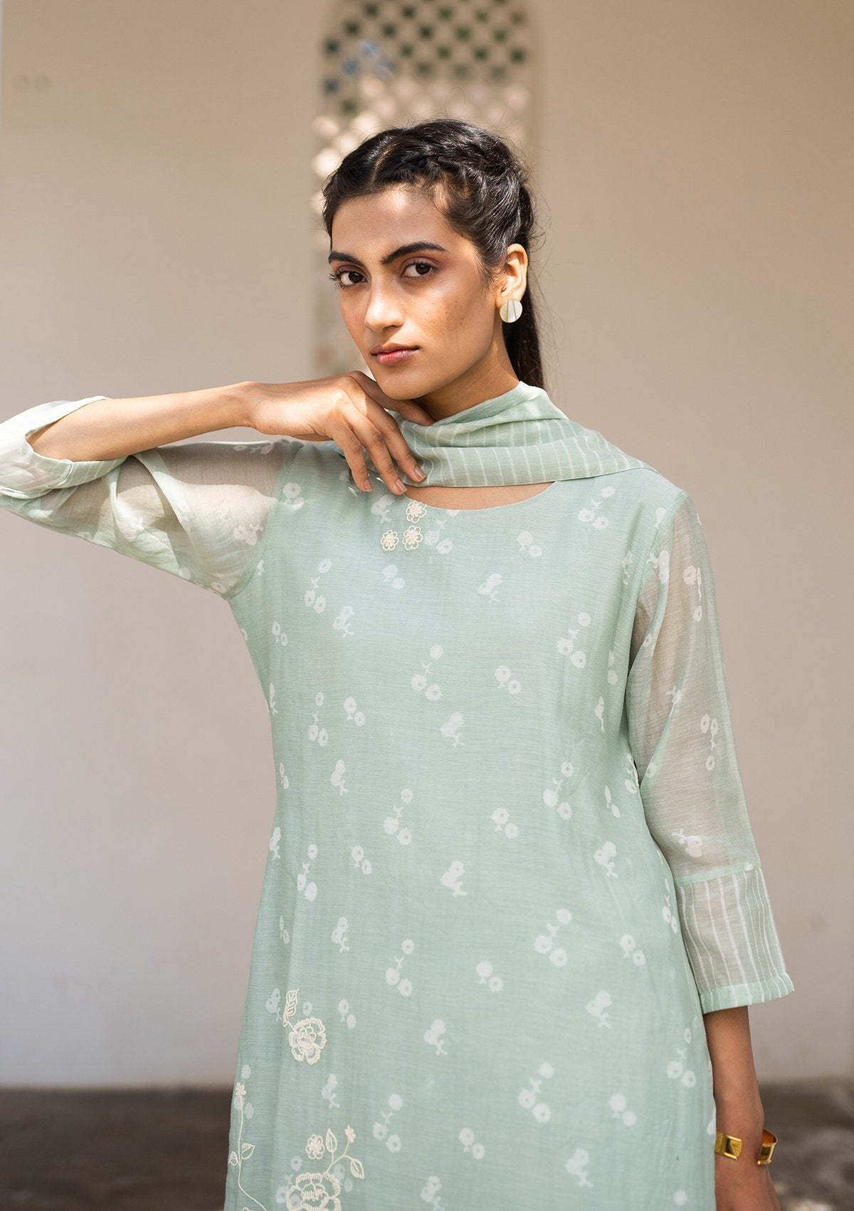 Mint Printed Embroidered Kurta Set