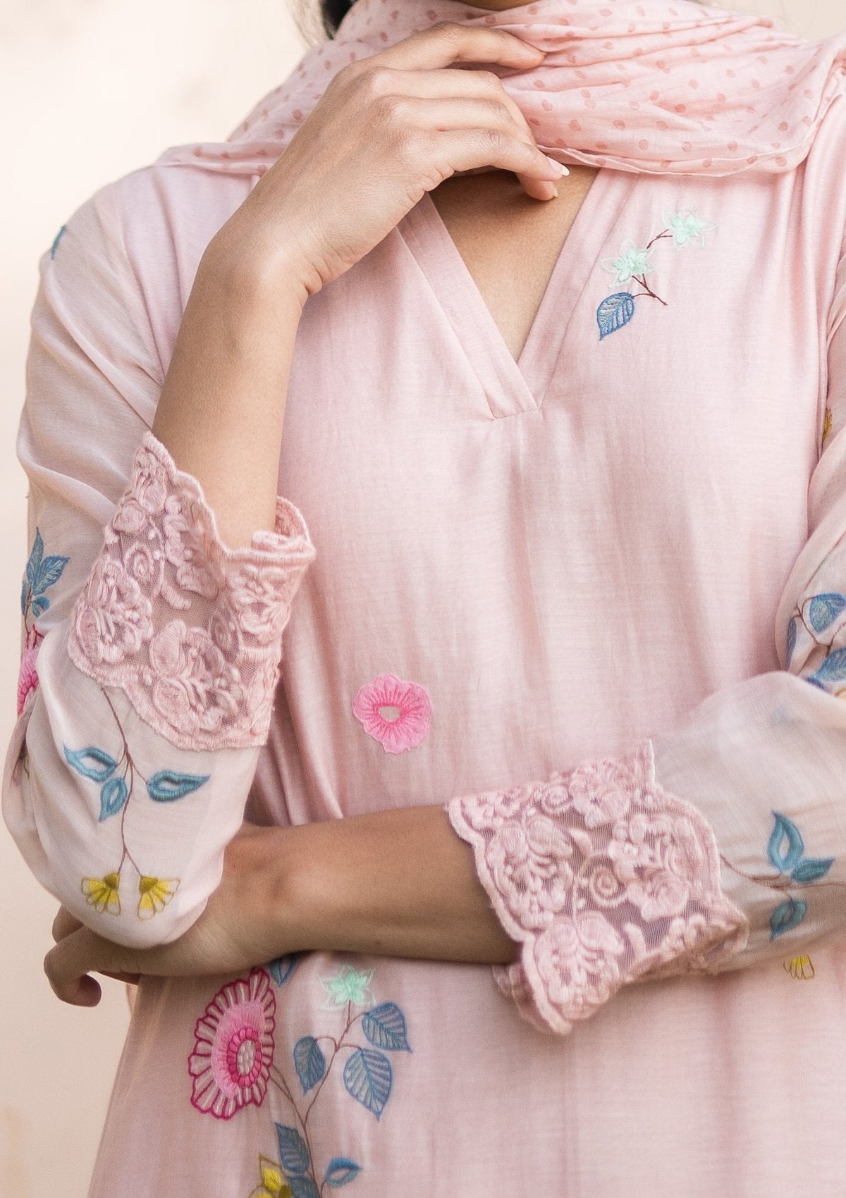 Salmon Applique Kurta Set