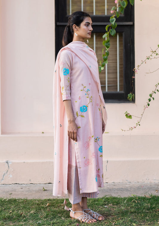 Salmon Striped Applique Kurta Set