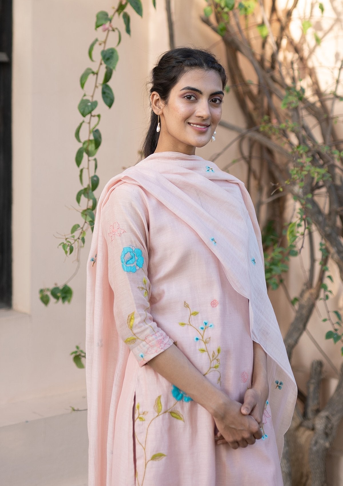Salmon Striped Applique Kurta Set