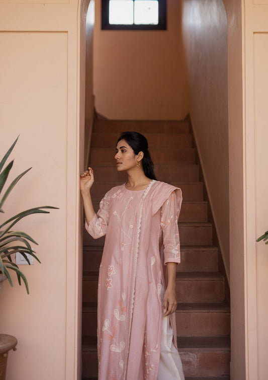 Salmon and Pearl Embroidered Kurta Set