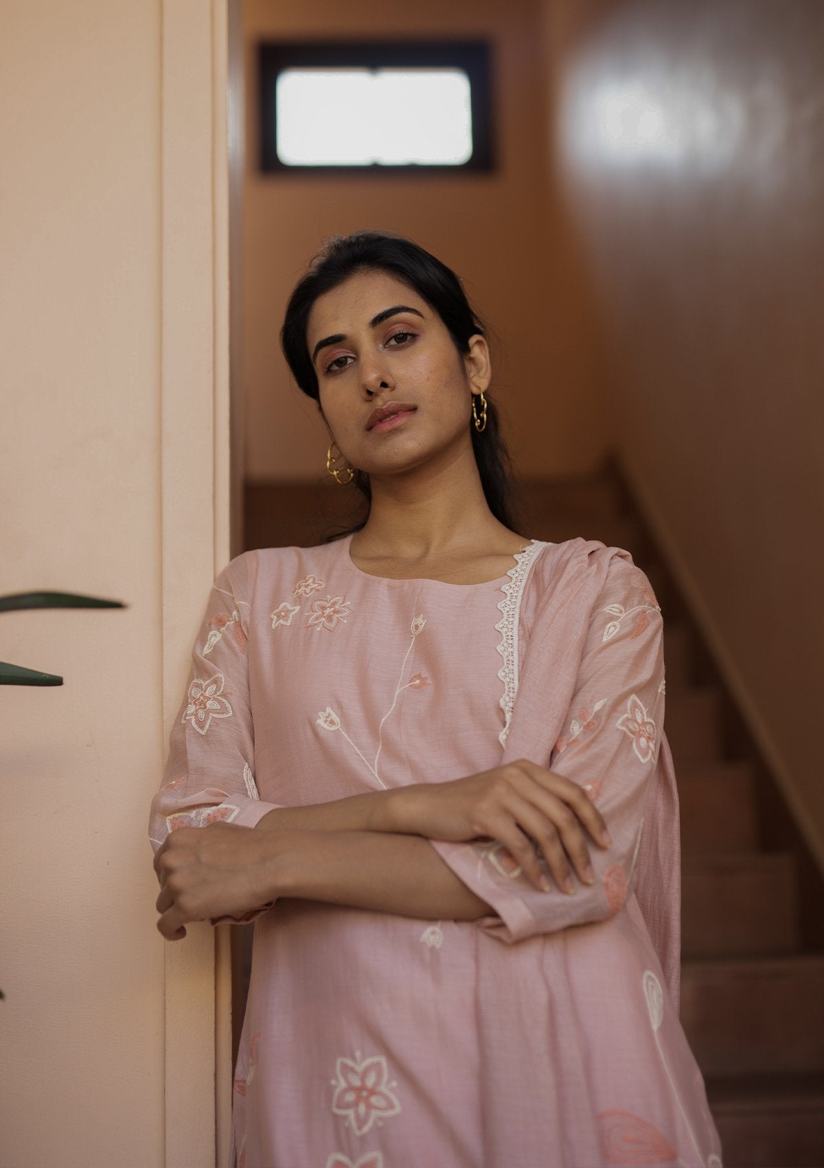 Salmon and Pearl Embroidered Kurta Set