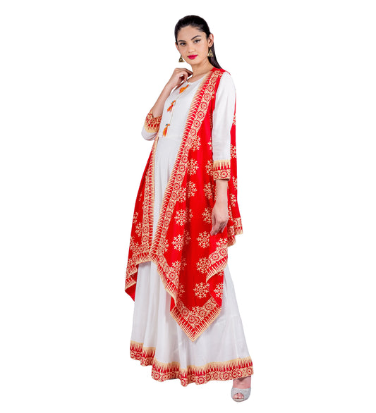 Vermilion/ White Indo Western Maxi Dress with Waterfall Shrug