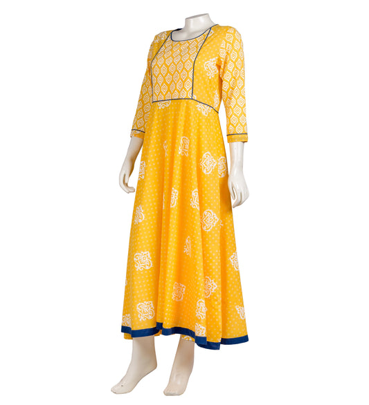 Yellow Hand Block Print Indo Western Dress