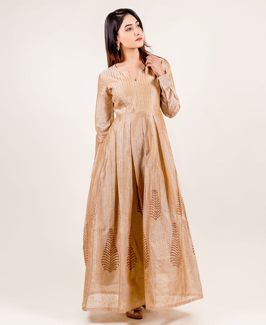 Breathtakingly Stunning Gold Printed Full Sleeved Long Dress