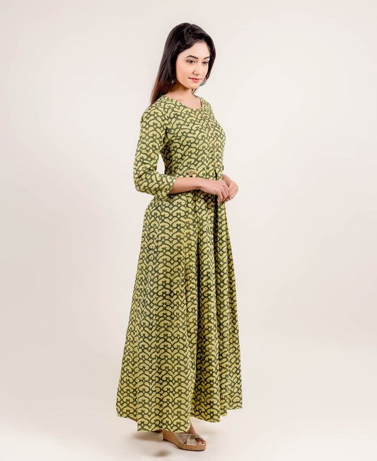 Ravishing Box Pleated Long Anarkali Gown Dress In Lime And Sage