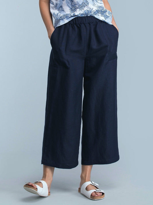 Wide Leg Pants With Elasticated Band - Navy