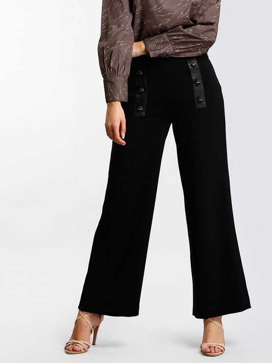 Wide Leg Pants With Faux Leather Details - Black