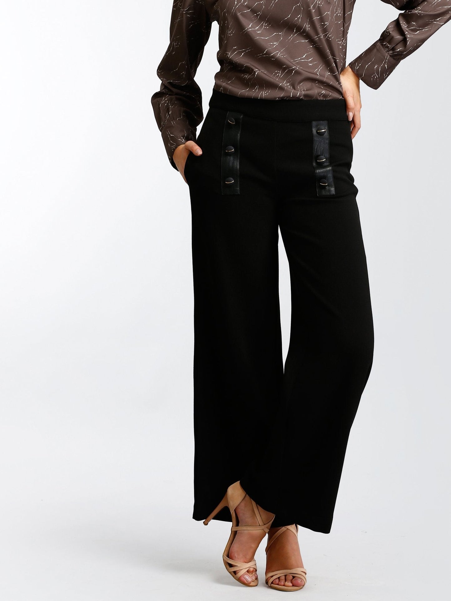 Wide Leg Pants With Faux Leather Details - Black