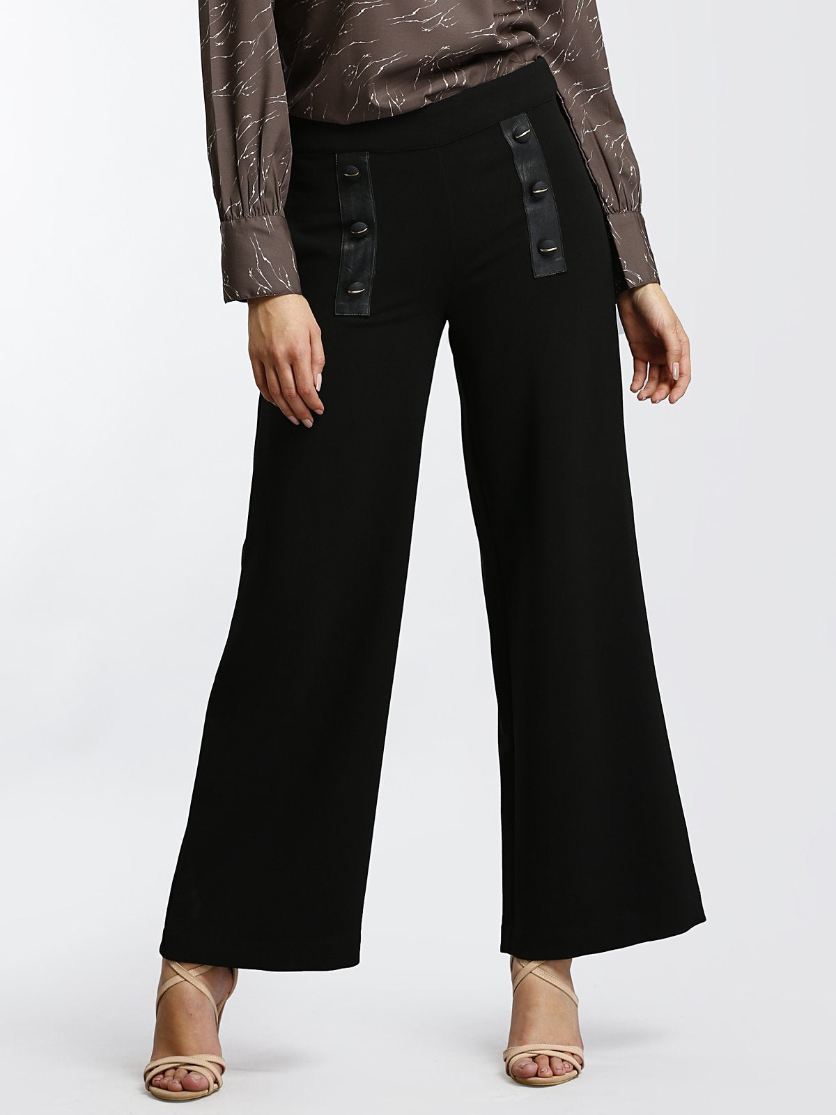 Wide Leg Pants With Faux Leather Details - Black