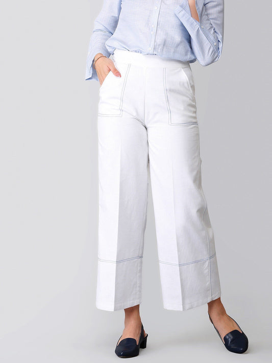 Wide Legged Stitch Detail Linen Trousers - White