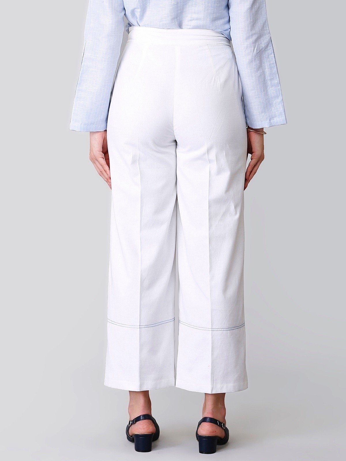 Wide Legged Stitch Detail Linen Trousers - White