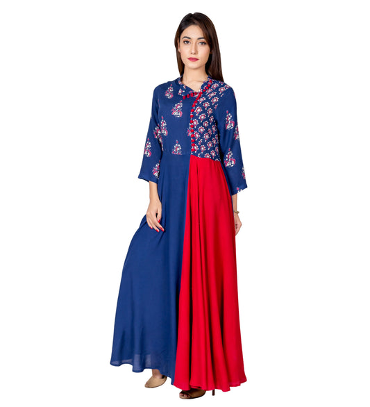 Blue and Red Hand Block Printed Indo Western Long Dress