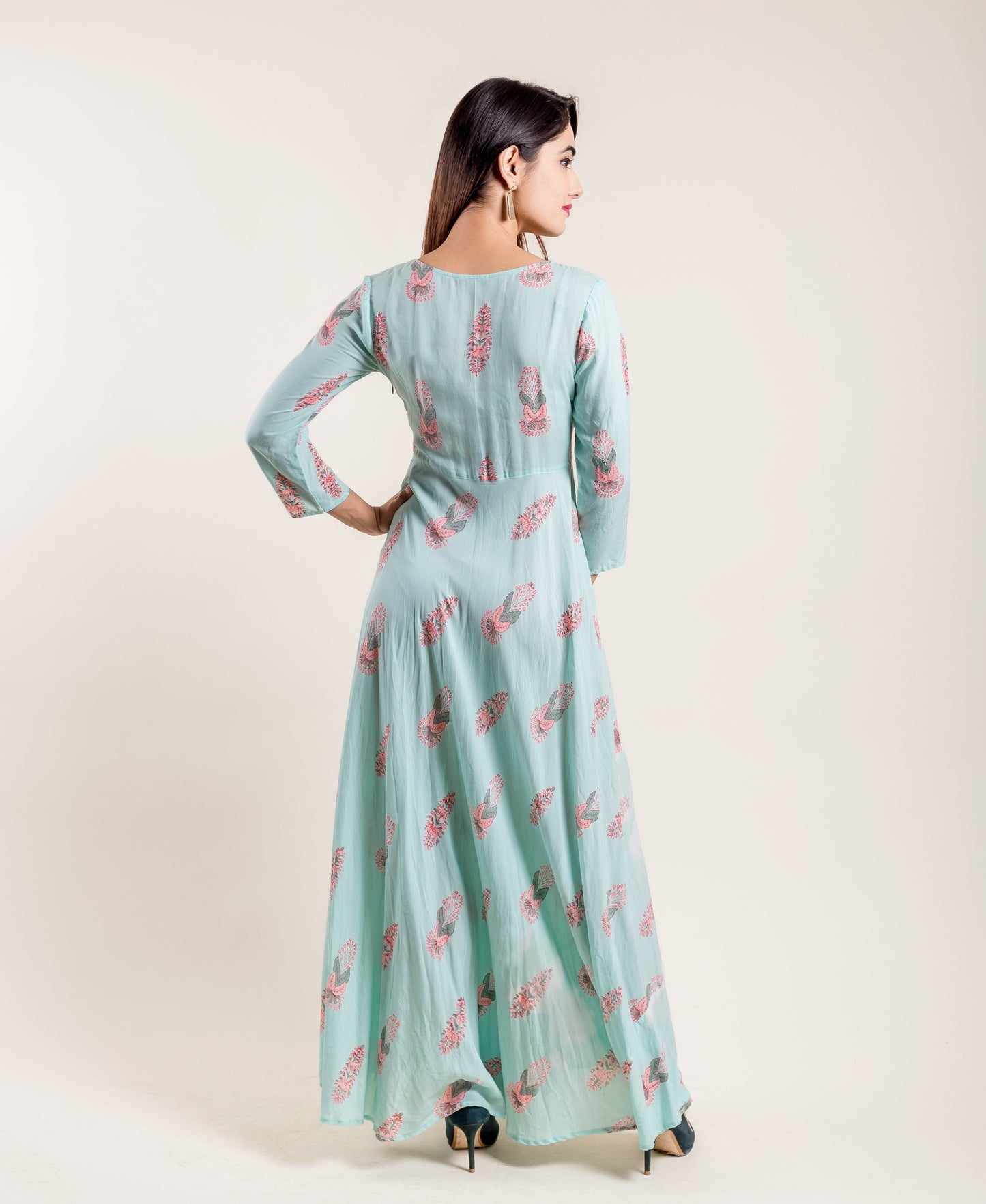 Aqua Pink Flared Floor Length Indo Western Floor Length Dress