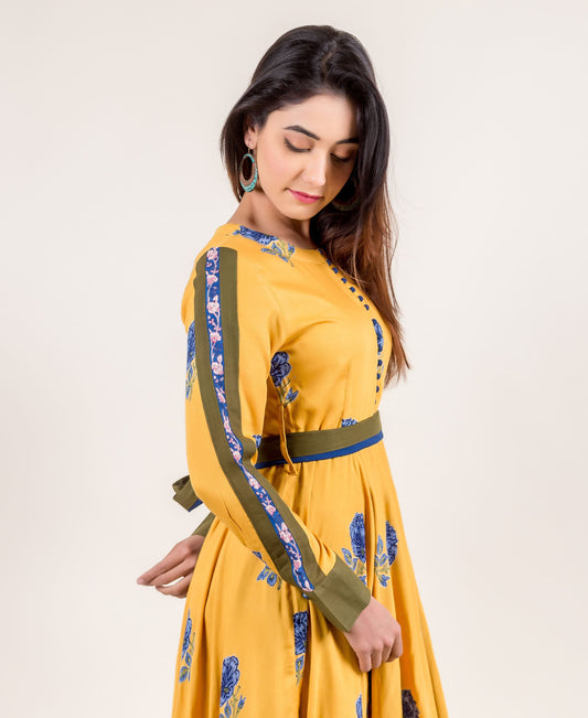 Opulent Yellow Asymmetrical Block Printed Long Gown Dress