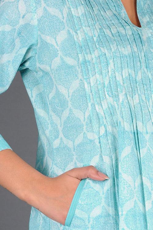 Charchara Print Pintuck Kurta' Blue Block Printed Kurta