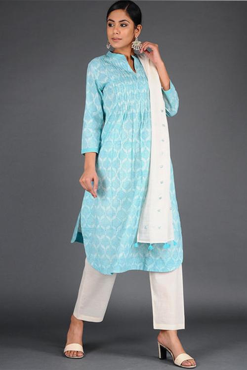 Charchara Print Pintuck Kurta' Blue Block Printed Kurta